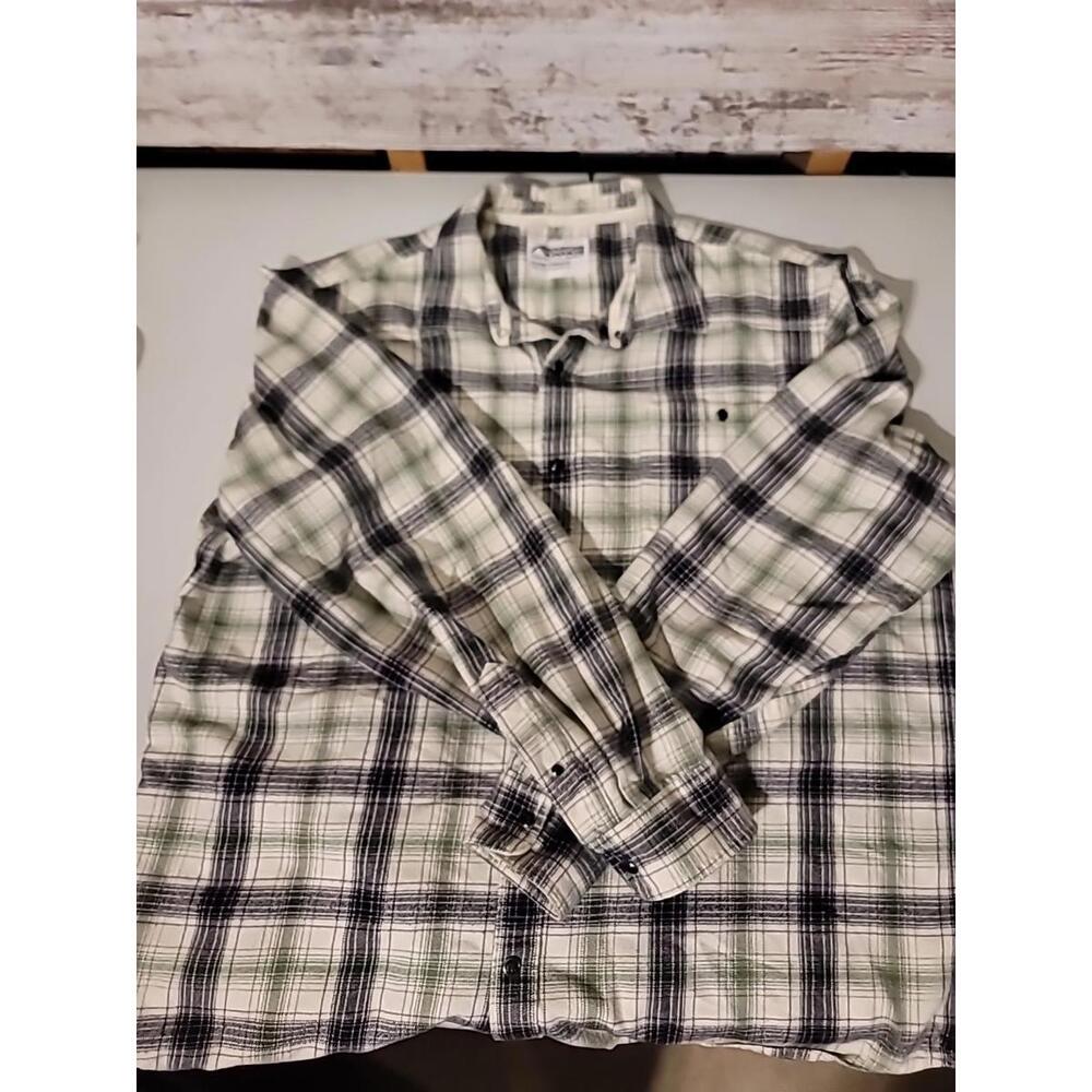 Mountain Khakis Shirt Mens XL Green white Plaid Flannel Western Pearl Snap Work